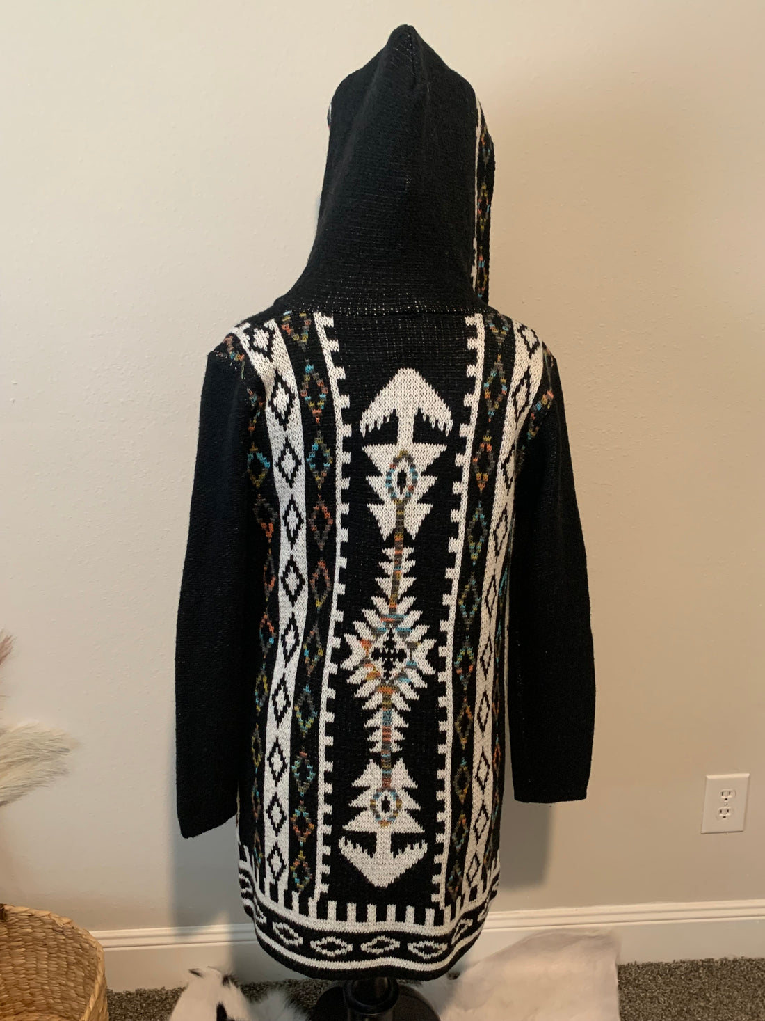 Cardigan Black Aztec with Pocket and Hood
