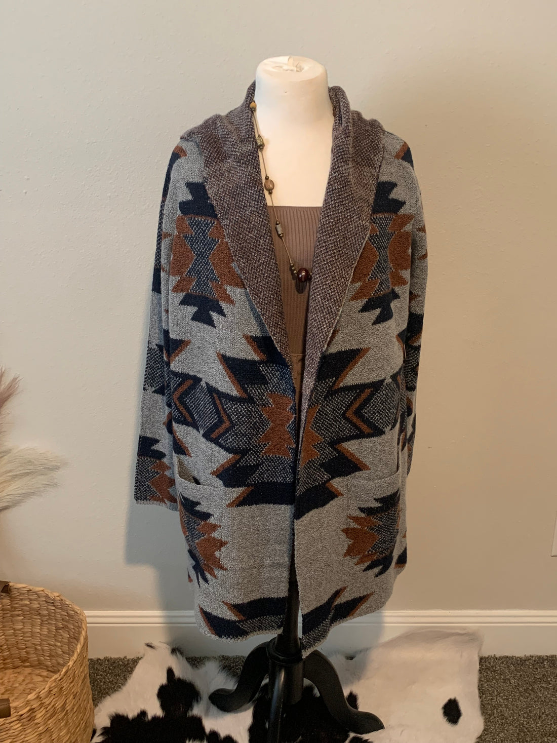 Aztec Design Cardigan with Pockets and Hood