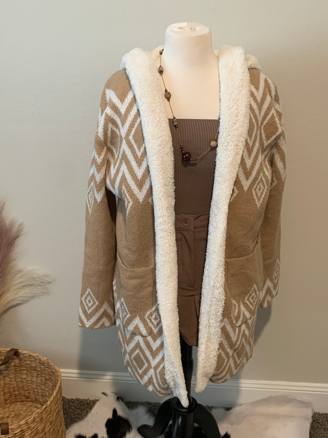 Tan/White Fleece Lined Cardigan with Pockets and Hood