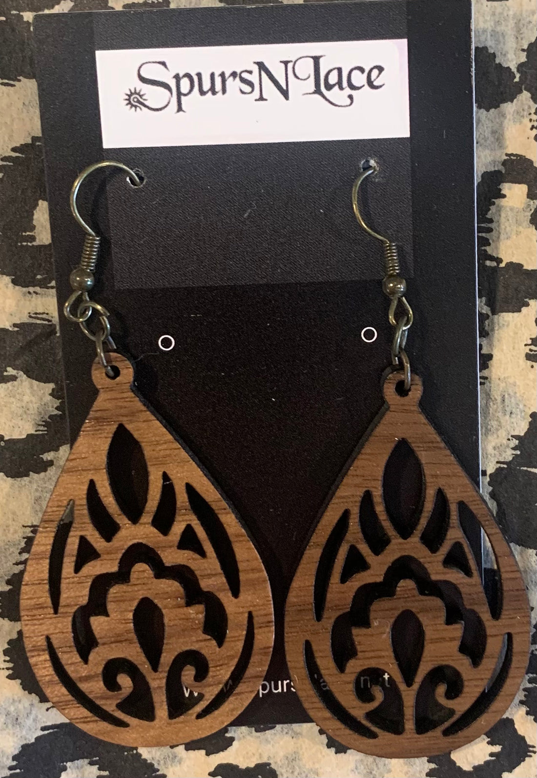 Earrings Handmade - Wood Brown Teardrop with cut out design inside NE33
