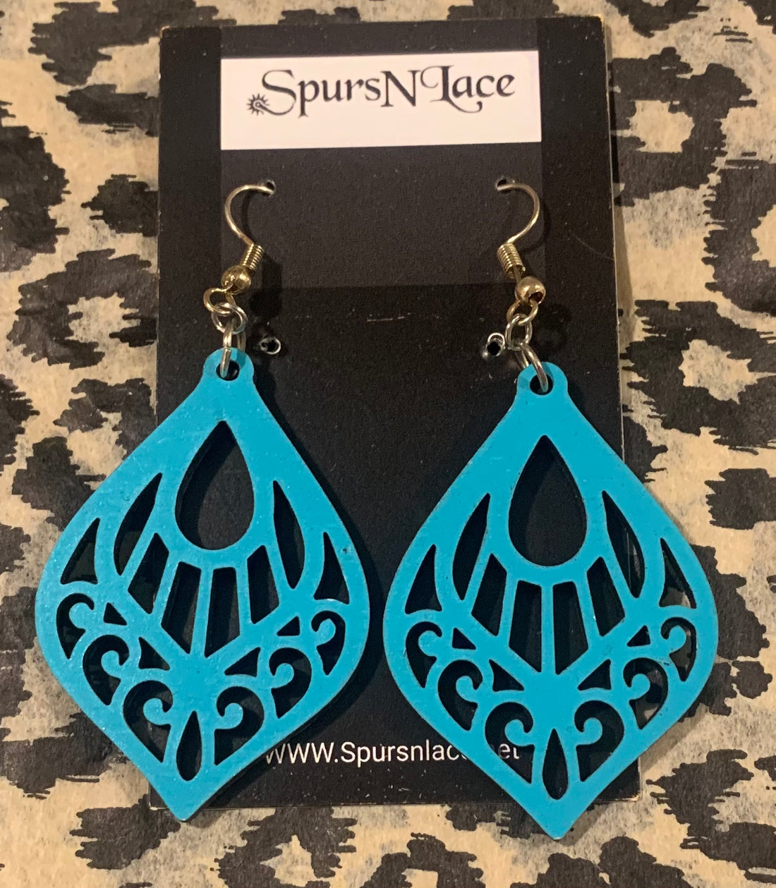 Earrings Handmade - Wood Painted turquoise Fat with design- NE11