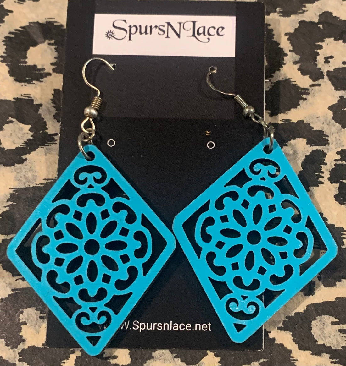 Earrings Handmade - Wood Painted turquoise Diamond Flower design- NE7
