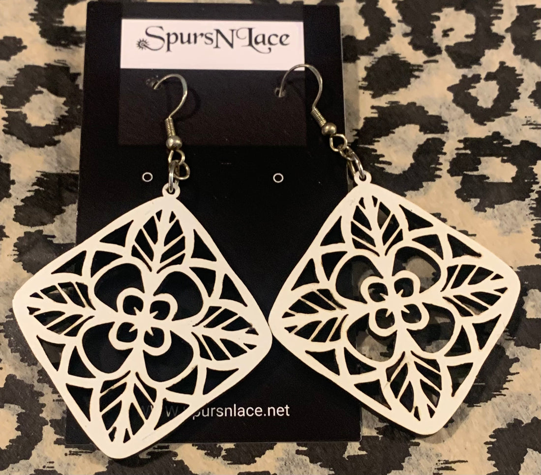 Earrings Handmade - Wood Painted White Diamond design- NE6