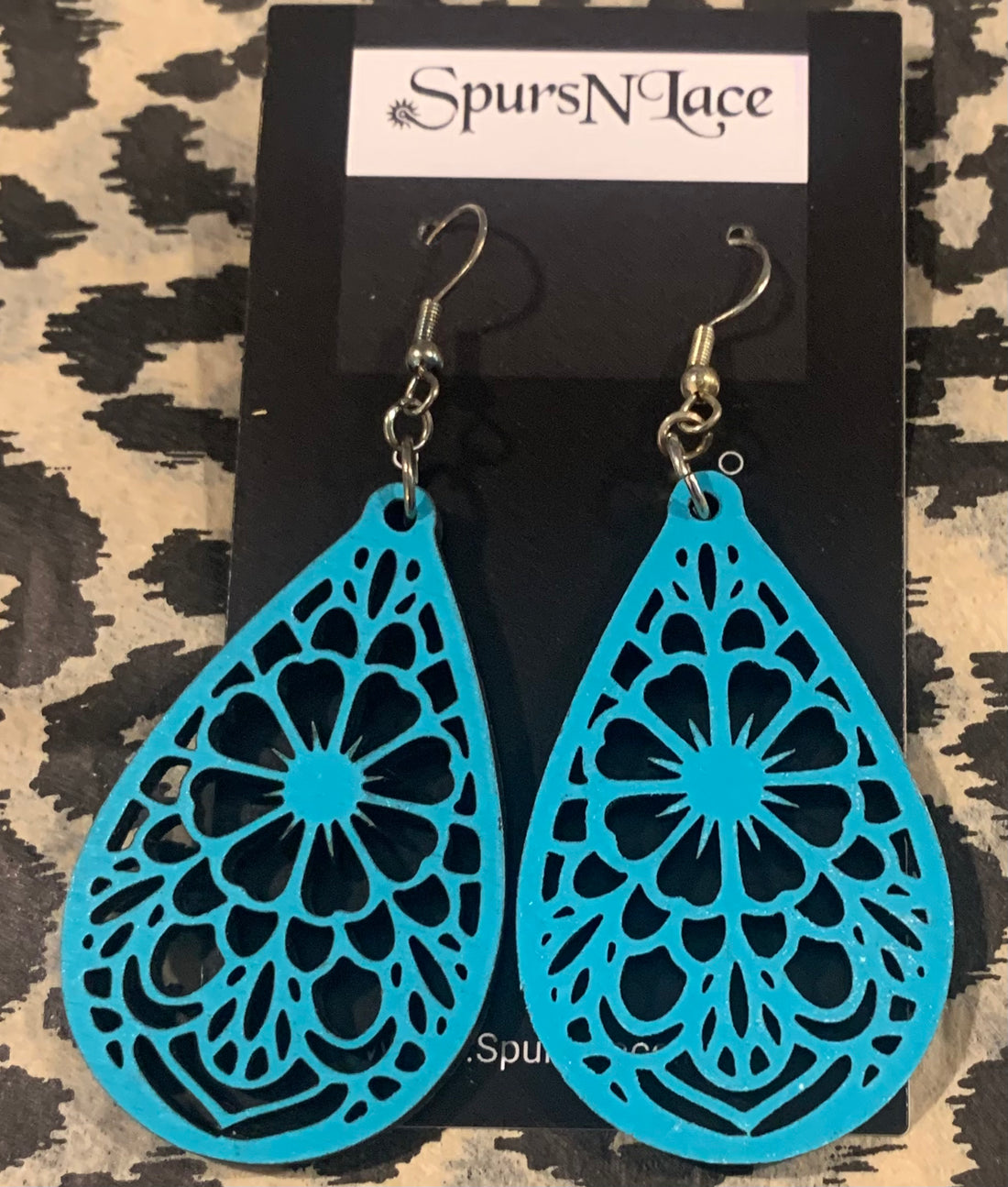Earrings Handmade - Wood Painted turquoise Teardrop with star design- NE10