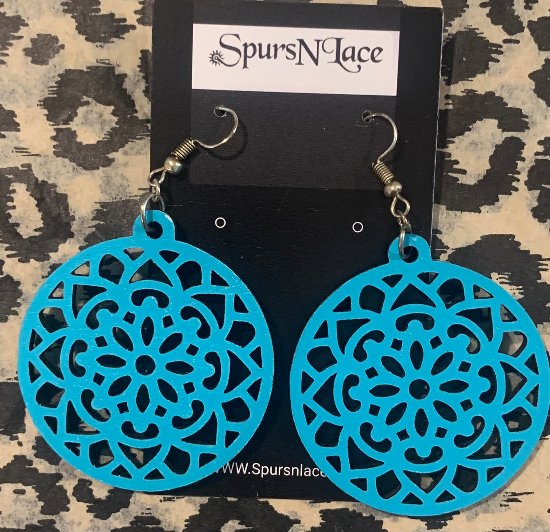 Earrings Handmade - Wood Painted turquoise Big Round Flower design- NE8