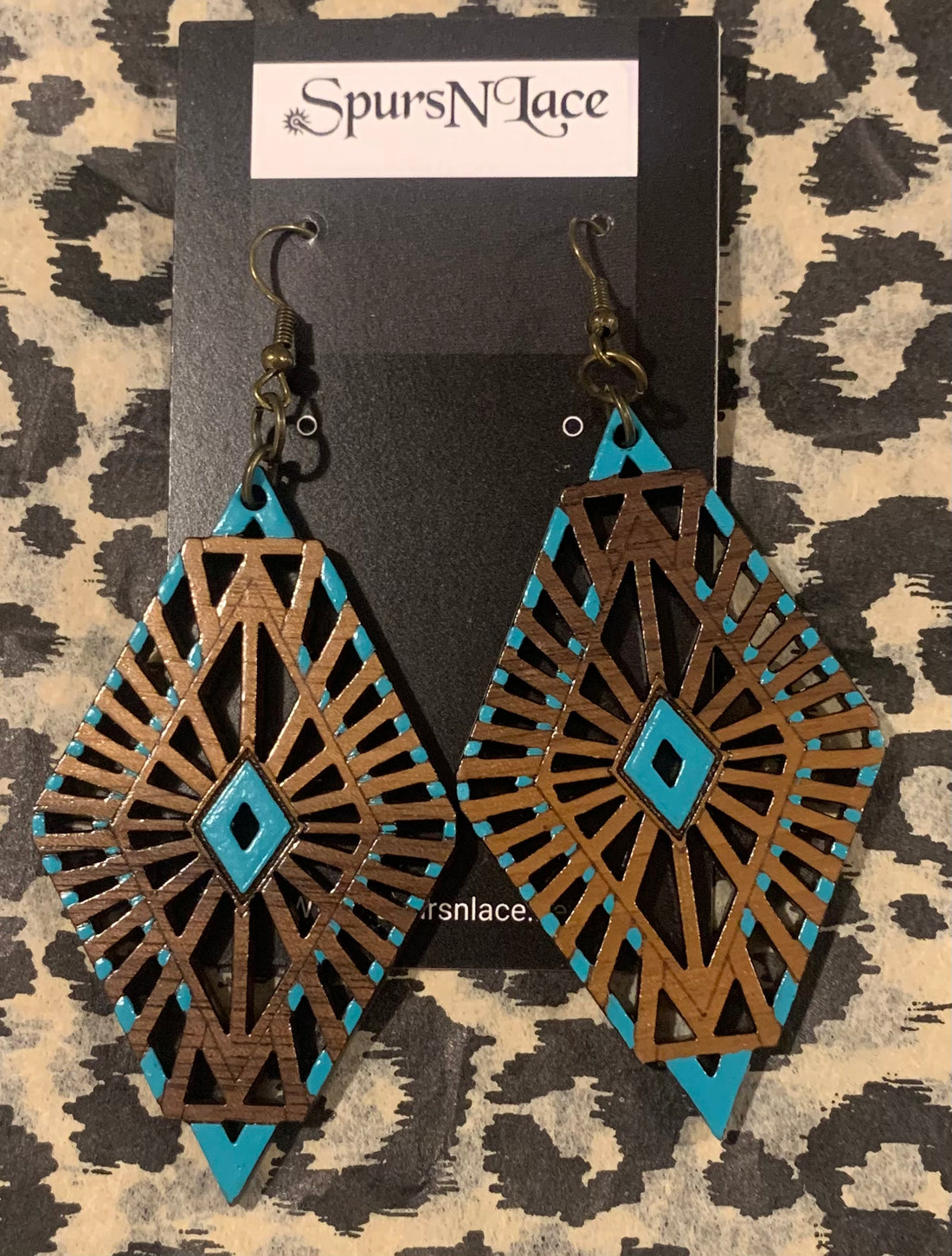 Earrings Handmade - Wood Large Diamond with Turquoise touches NE31