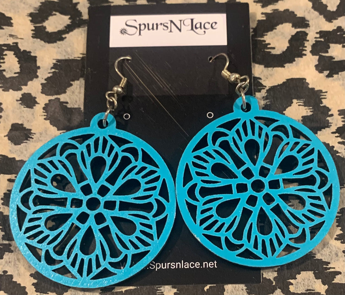 Earrings Handmade - Wood Painted turquoise Big Round Pinwheel design- NE9