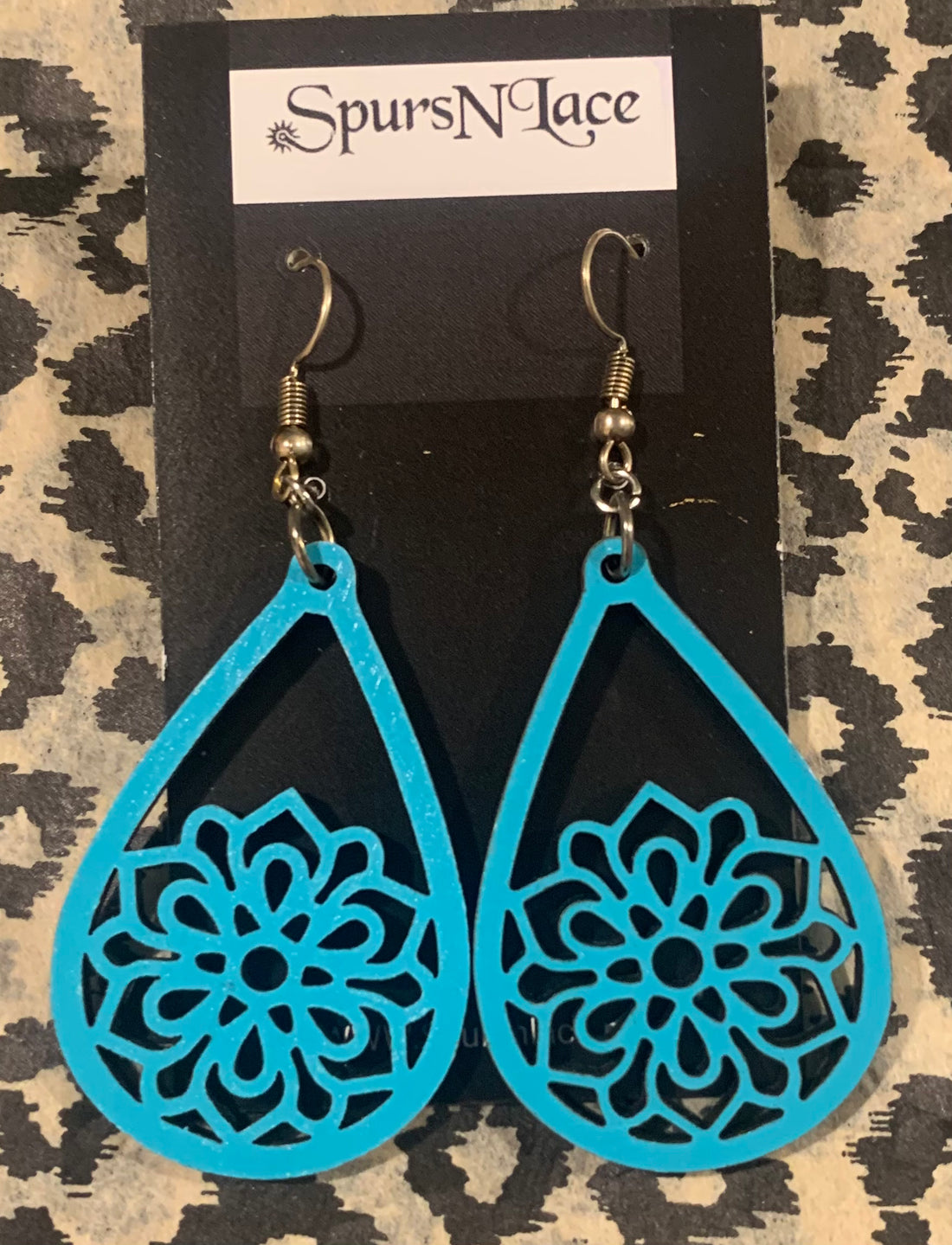 Earrings Handmade - Wood Painted Turquoise Flower design- NE5