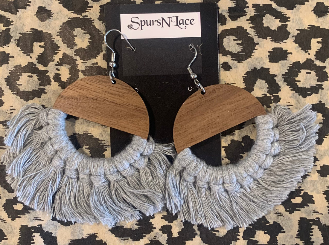 Earrings Handmade - Wood Light Gray Fringe Bottom NE49