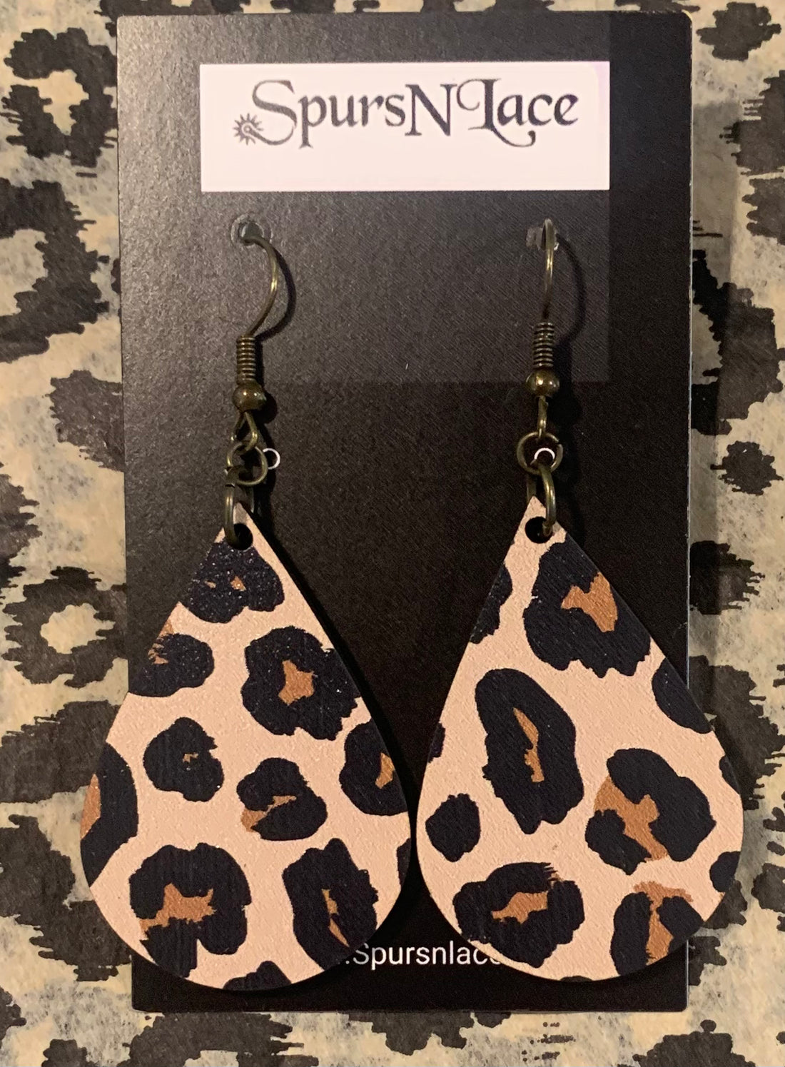 Earrings Handmade - Wood Cheetah Teardrop NE18