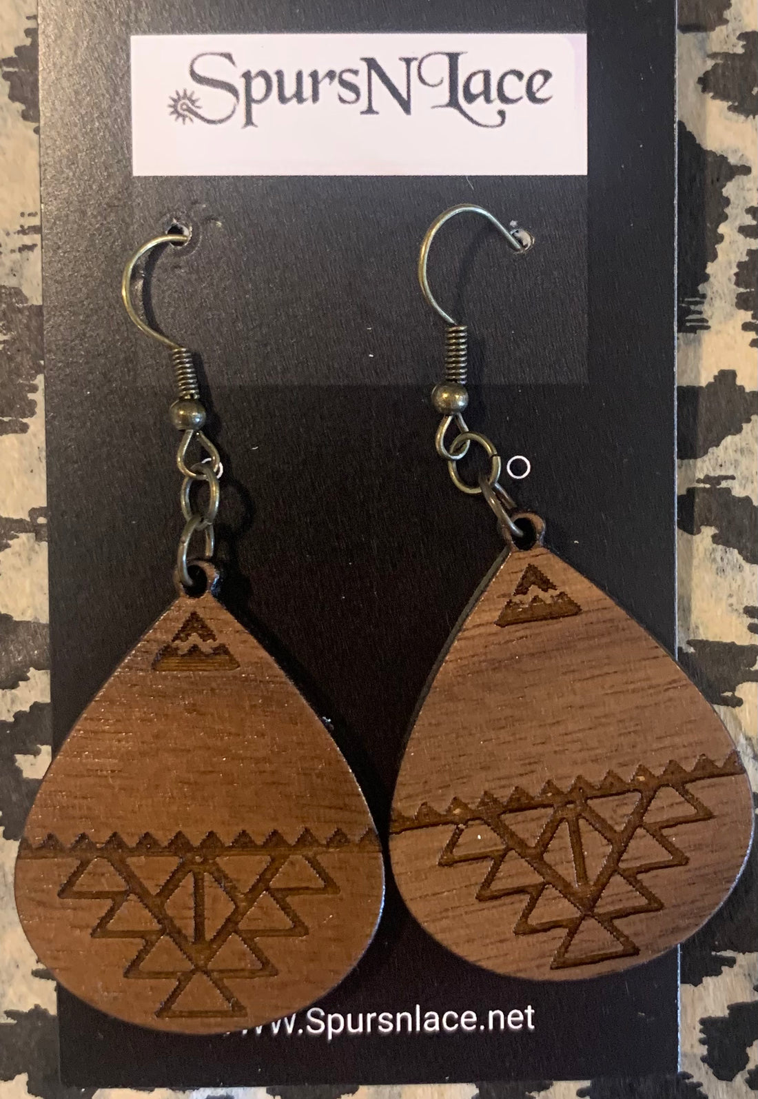 Earrings Handmade - Wood Brown Teardrop Solid with engraved design NE34