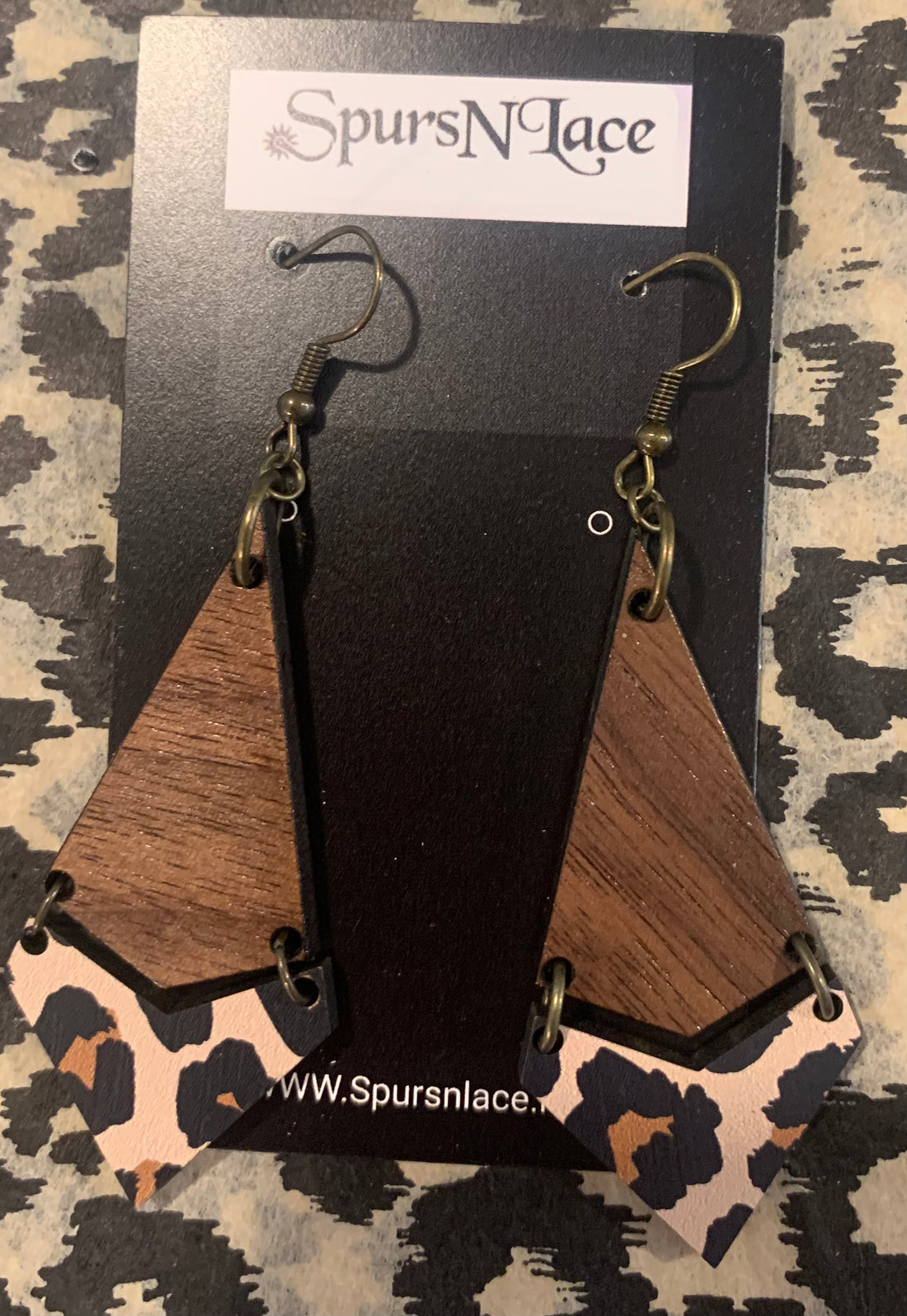 Earrings Handmade - Wood Teardrop Two Piece Cheetah Print NE21