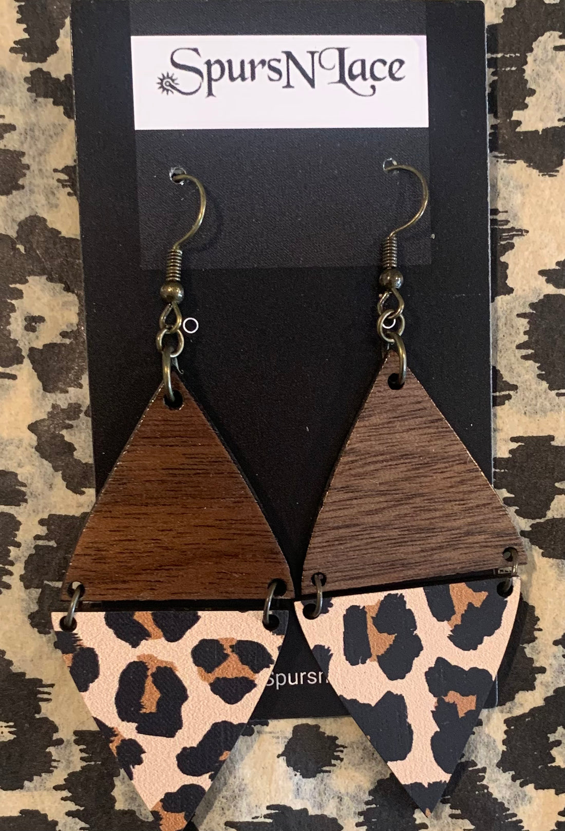 Earrings Handmade - Wood Diamond shape with Cheetah bottom- NE2