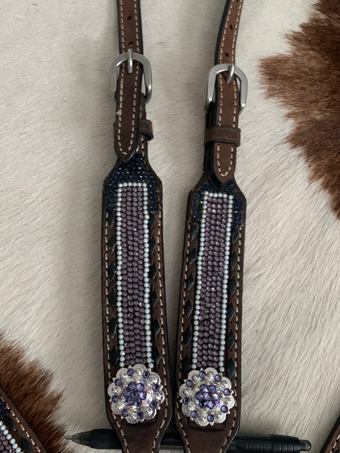 Bling Tack Set Dark Leather with Purple/white Rhinestones