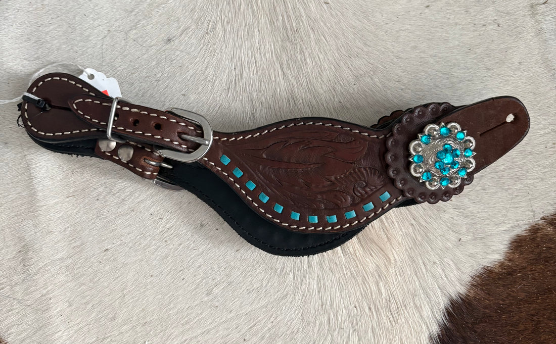 DARK LEATHER SPUR STRAPS WITH TURQUOISE BUCKSTITCH/TURQUOISE RHINESTONES