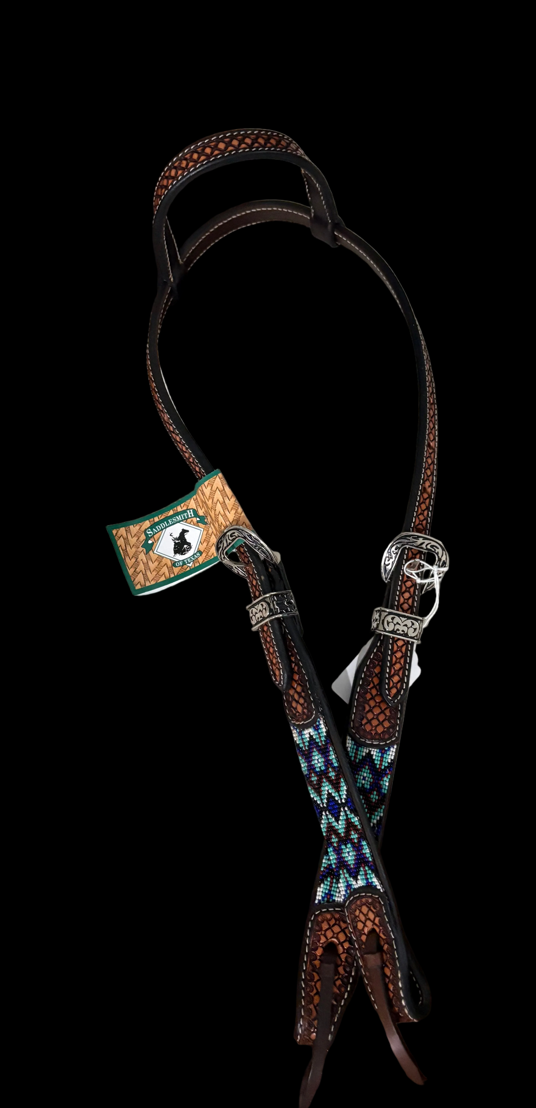 ONE EAR TOOLED LEATHER BEADED HEADSTALL
