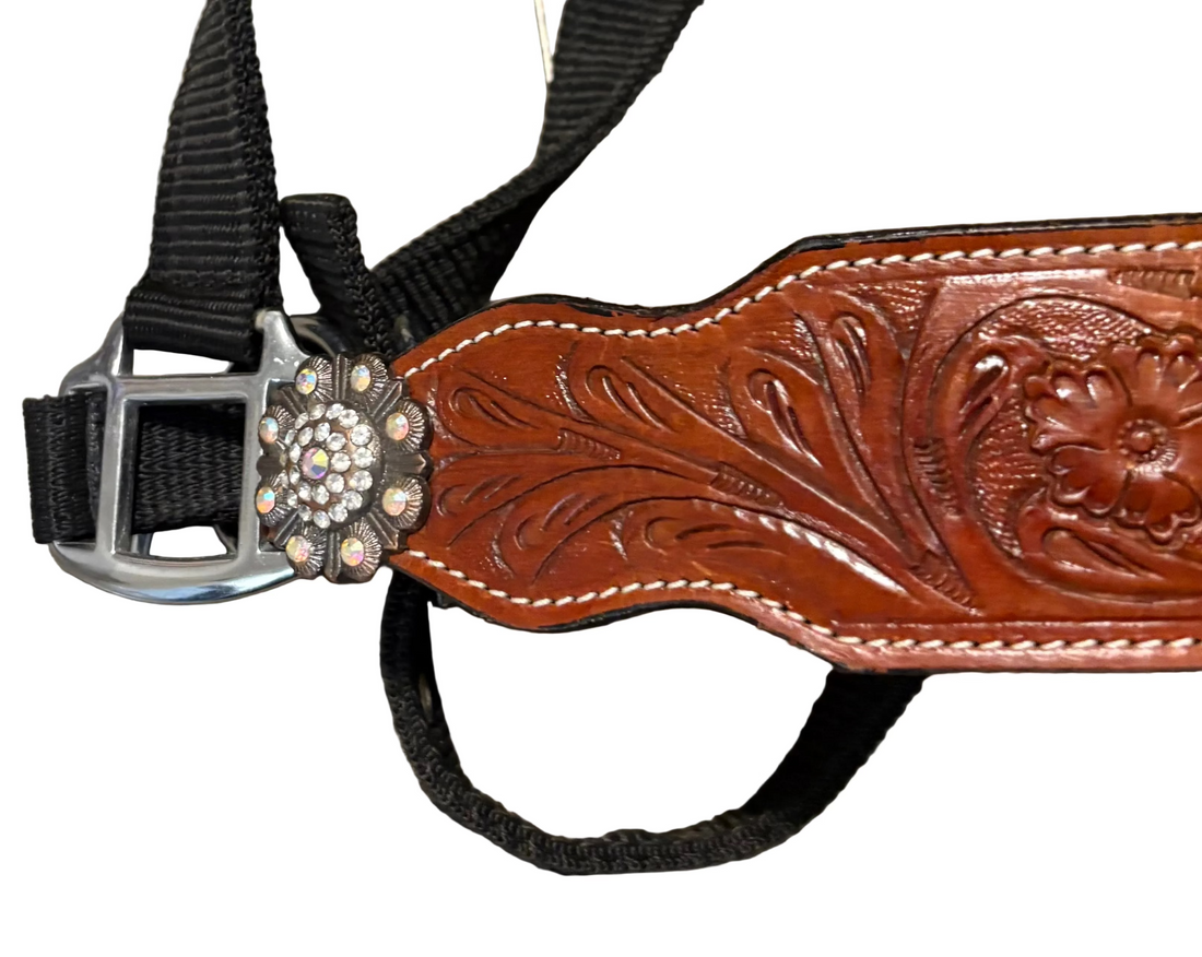 NYLON BRONC HALTER- TOOLED LEATHER NOSE WITH AB RHINESTONE CONCHOS