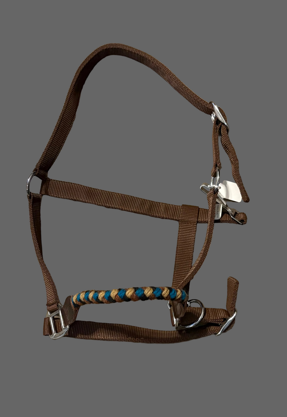 NYLON HALTER WITH MOHAIR NOSEBAND - BROWN WITH TAN/TEAL