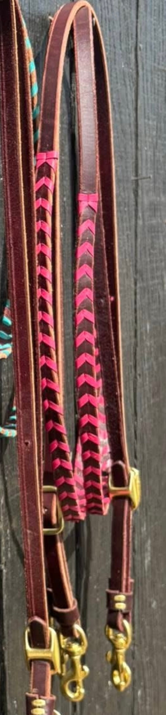 LEATHER PINK LACED REINS WITH CLIP ENDS