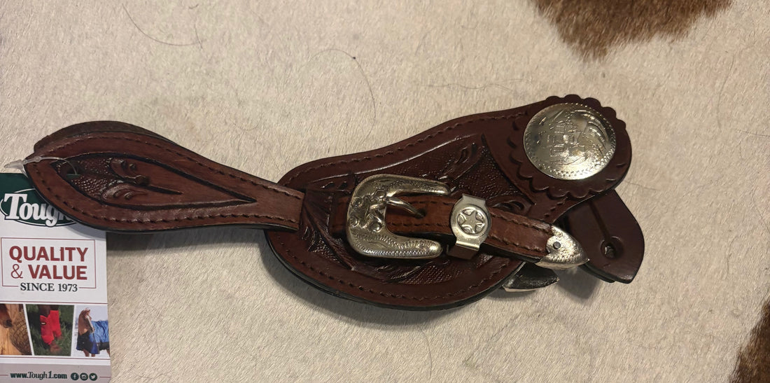 SPUR STRAPS - Dark Leather Tooled with conchos
