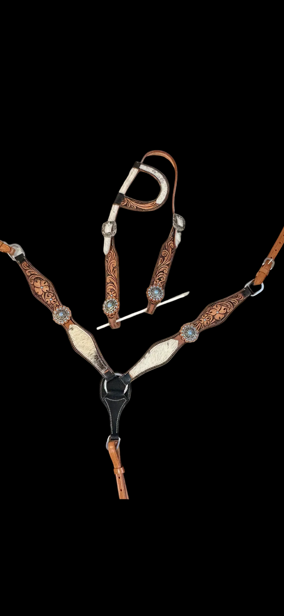 Tooled Leather and Hide Tack Set with Breast collar and one ear Headstall