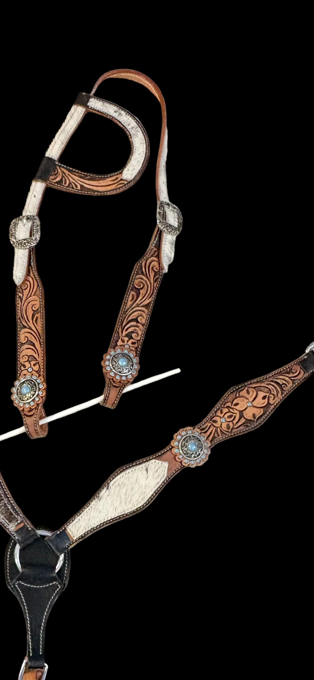 Tooled Leather and Hide Tack Set with Breast collar and one ear Headstall