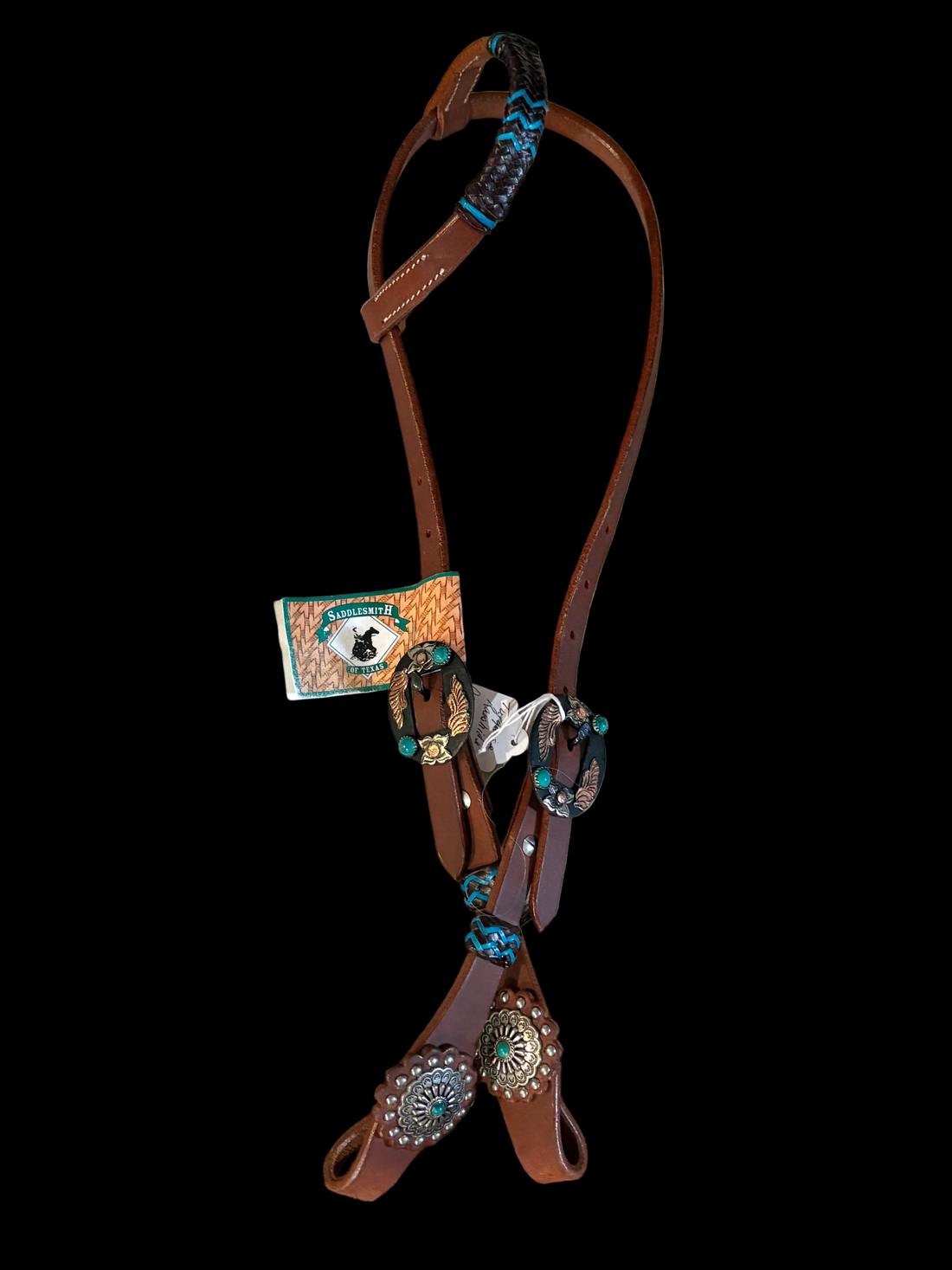 Leather/Rawhide One ear Headstall Black/turquoise
