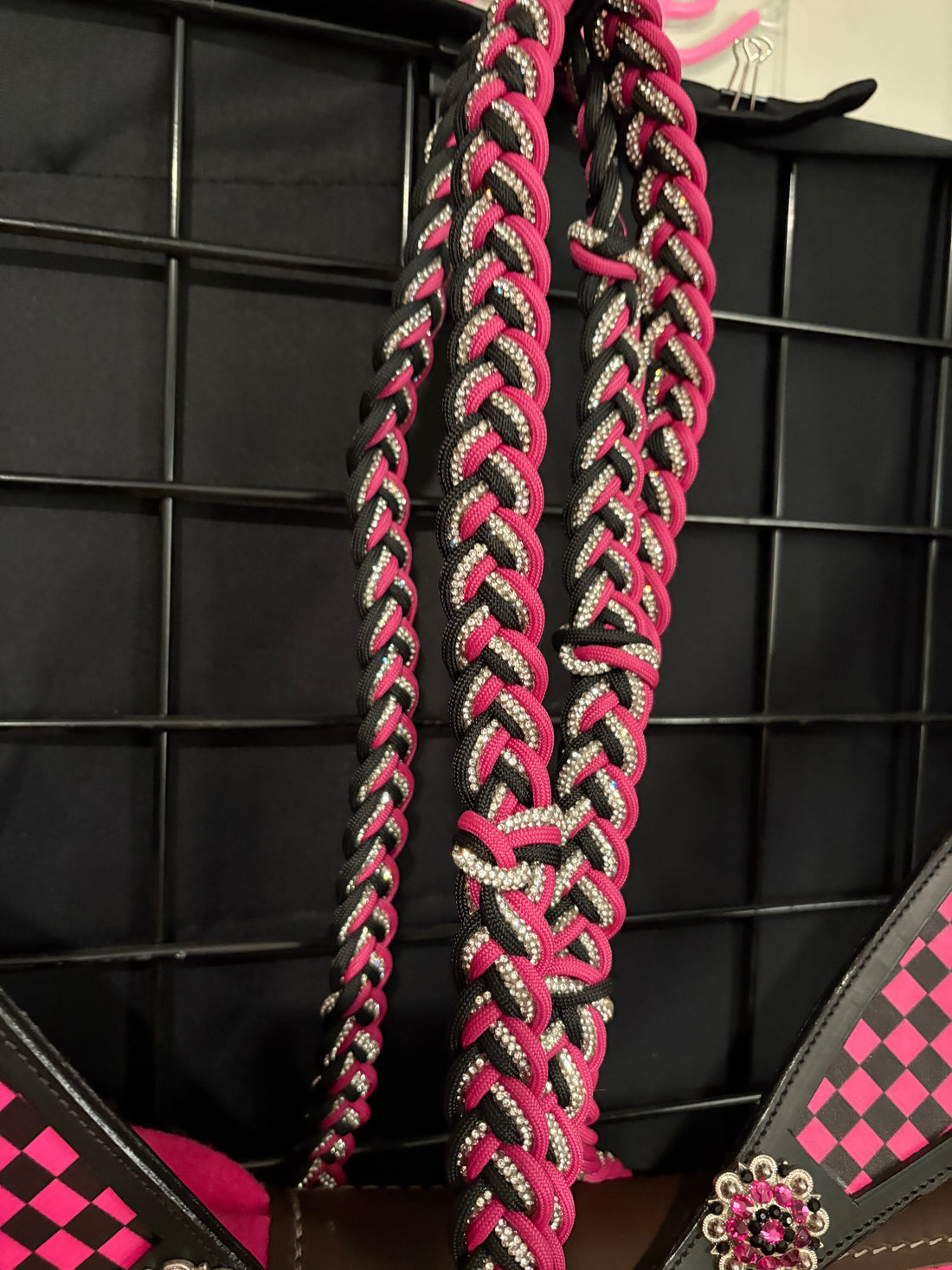 Bundle Set/ Checkered Tack Set - Pink/ SPH pad and Rhinestone Bling Reins
