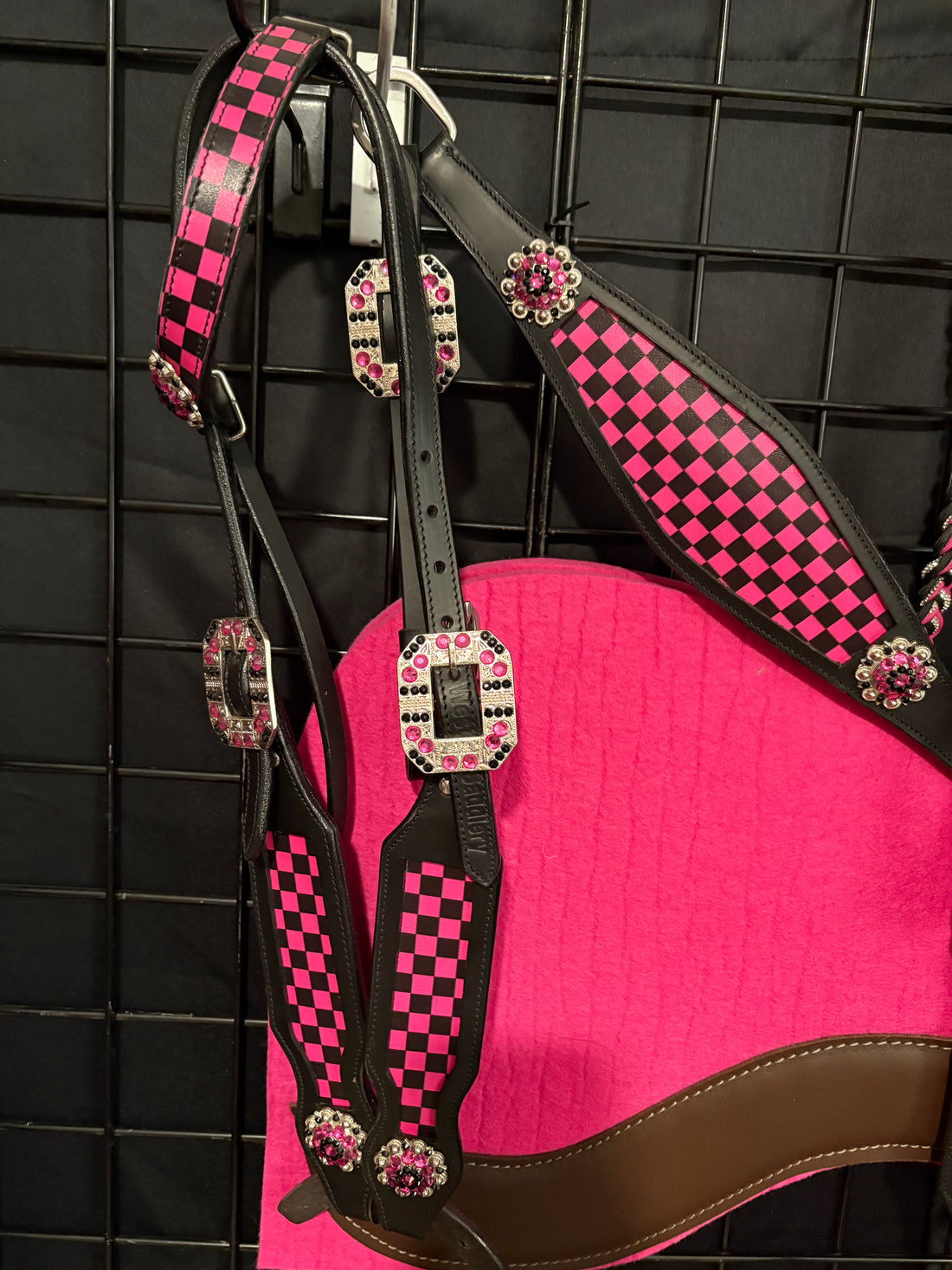 Bundle Set/ Checkered Tack Set - Pink/ SPH pad and Rhinestone Bling Reins