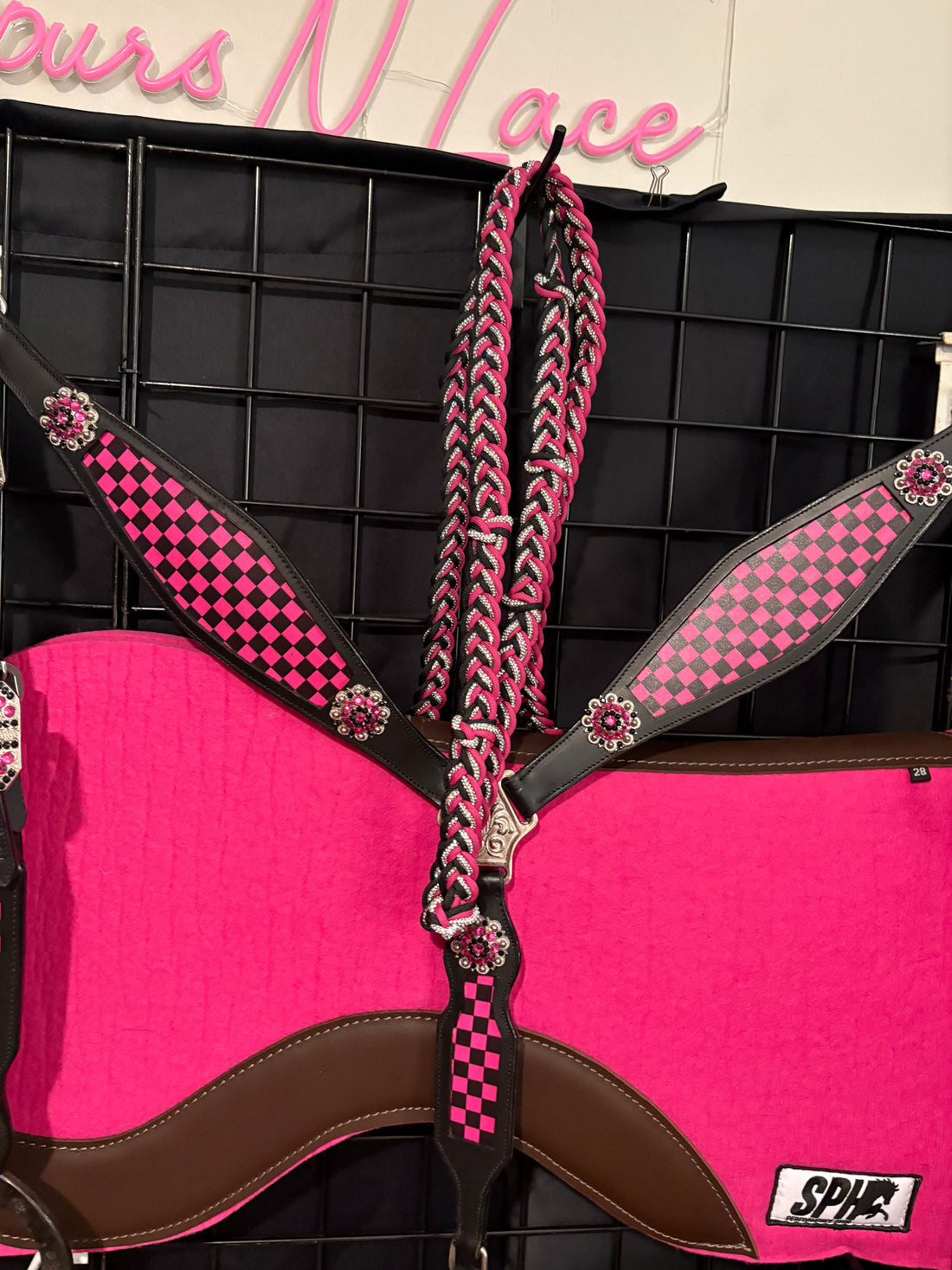 Bundle Set/ Checkered Tack Set - Pink/ SPH pad and Rhinestone Bling Reins