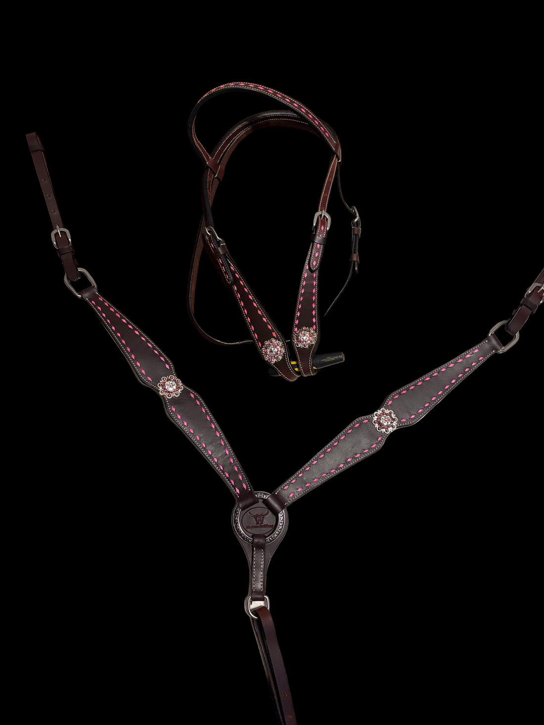 Pink Buckstitch Leather Tack set with Matching Browband