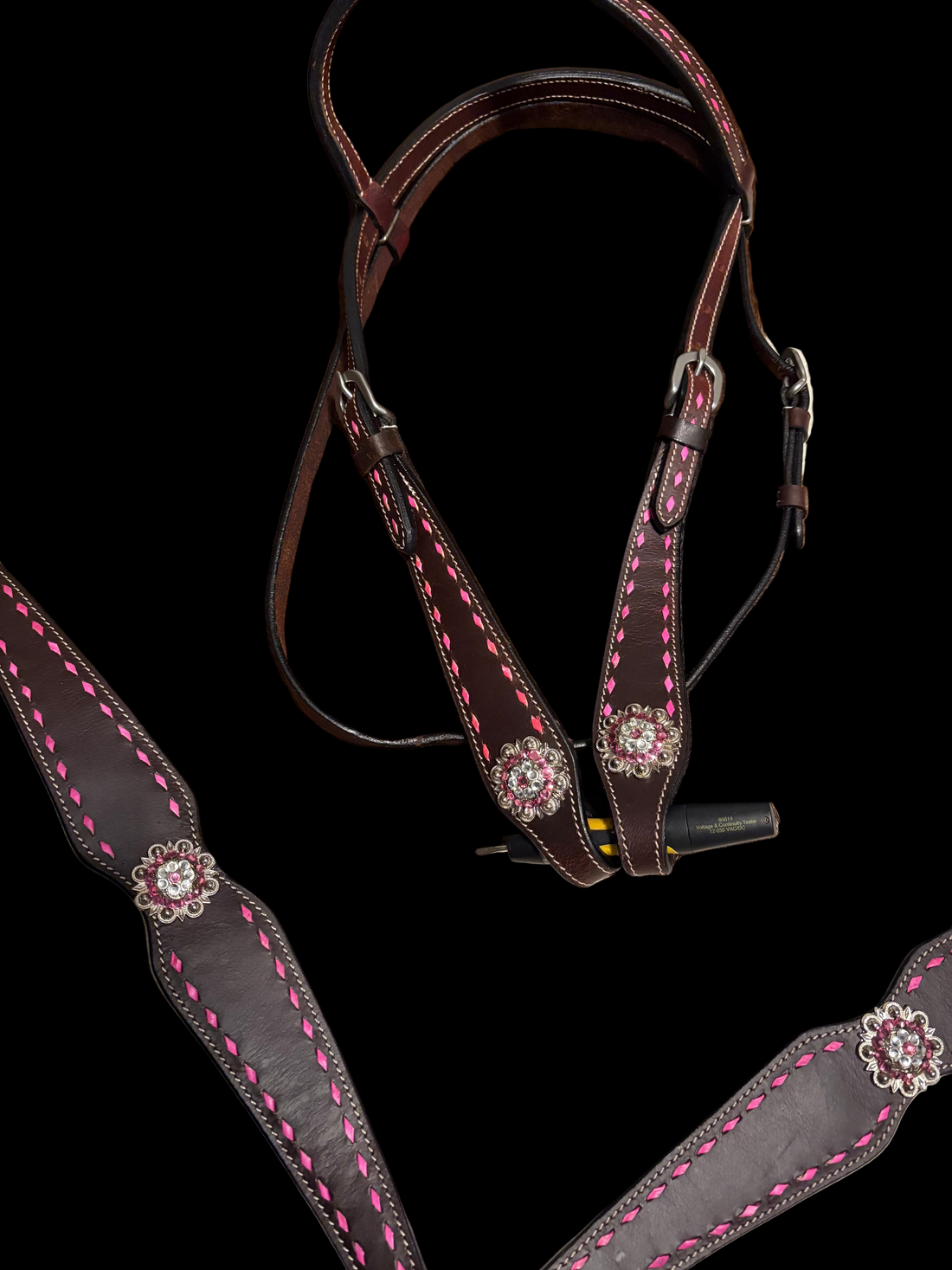 Pink Buckstitch Leather Tack set with Matching Browband