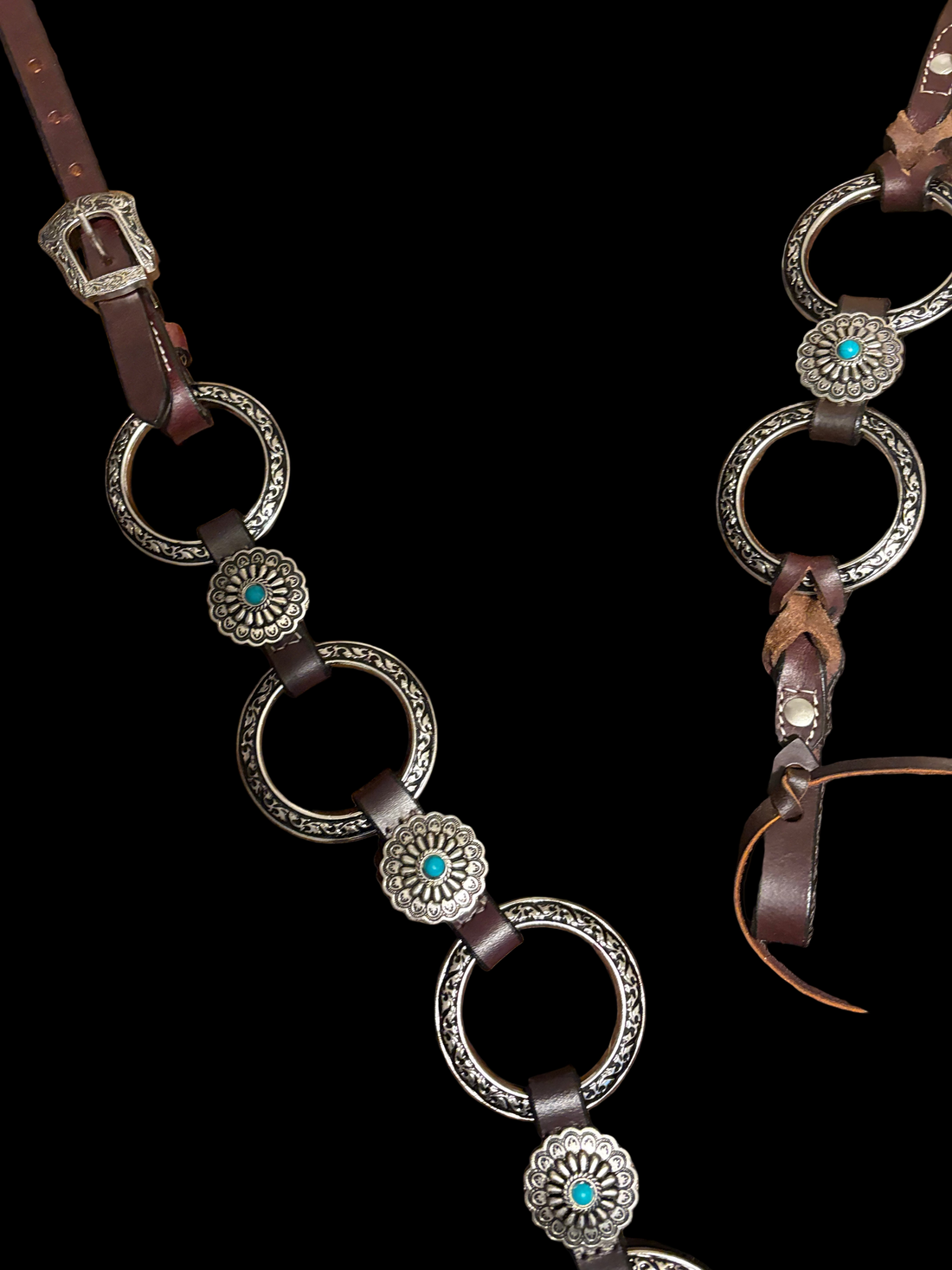 Beautiful Ring Tack set heavy duty, buttery soft with Turquoise stone concho and one ear Headstall