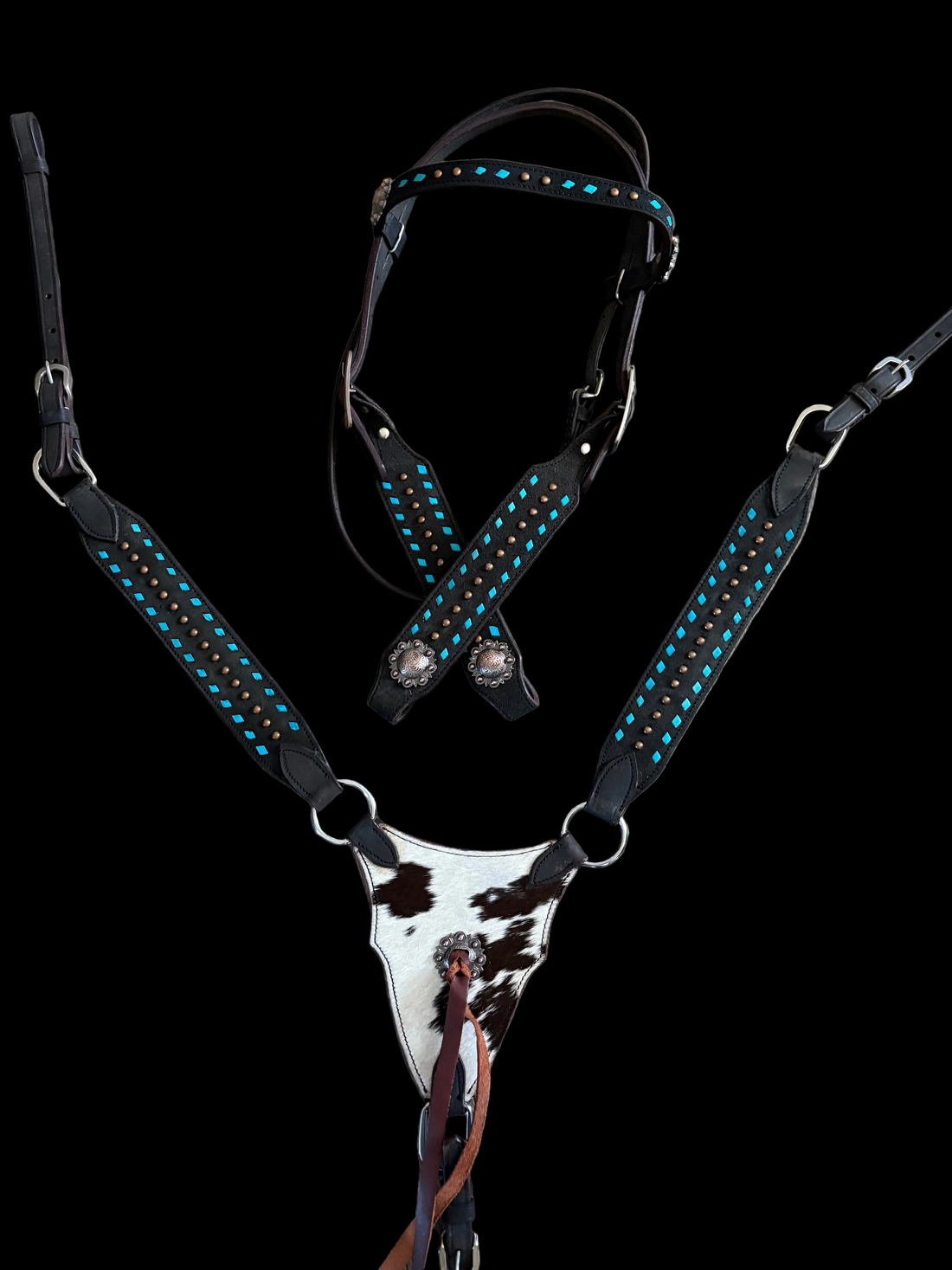 Gladiator Leather Tack Set with Hide and Turquoise Buckstitch with Browband Headstall