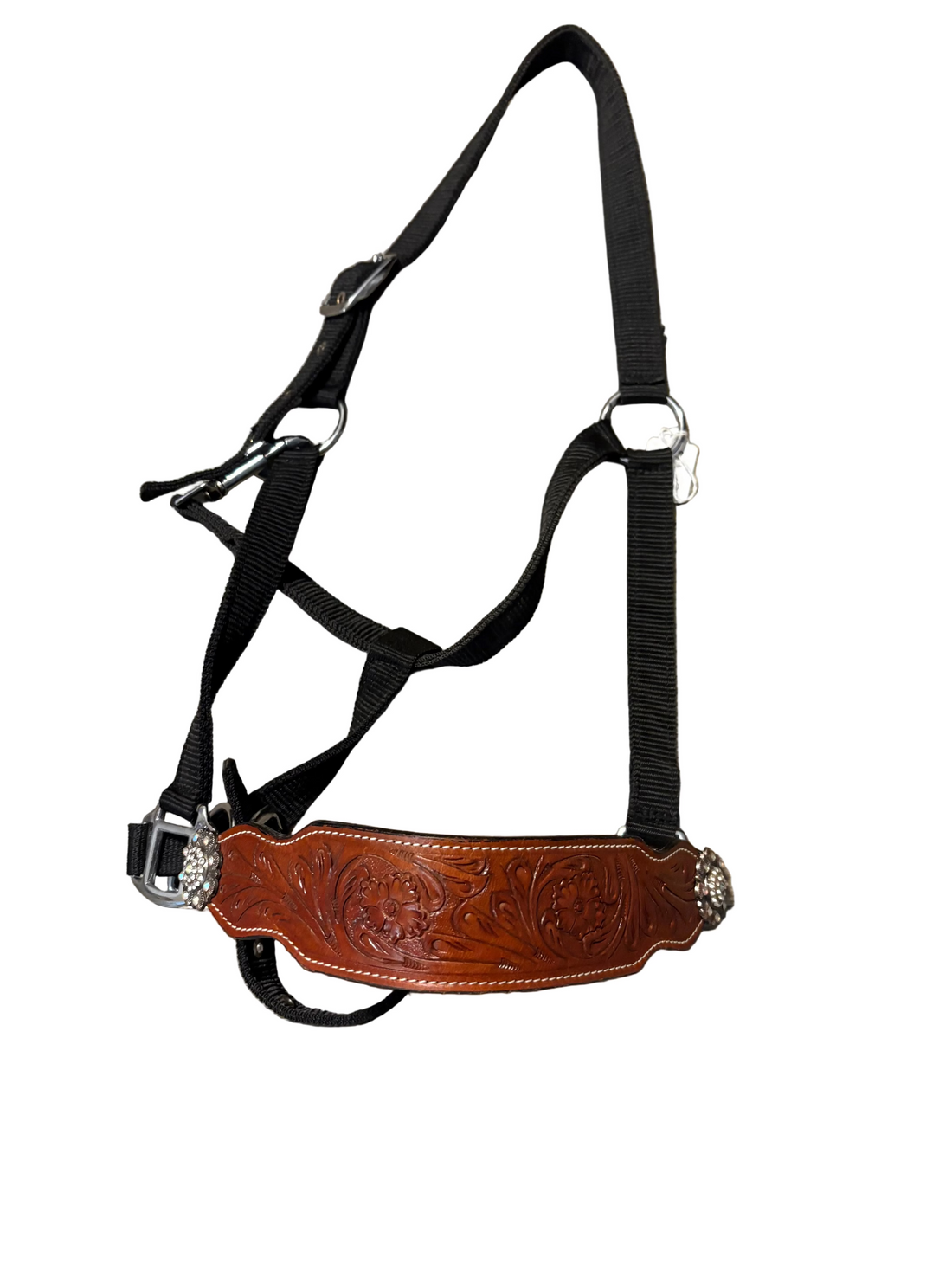NYLON BRONC HALTER- TOOLED LEATHER NOSE WITH AB RHINESTONE CONCHOS